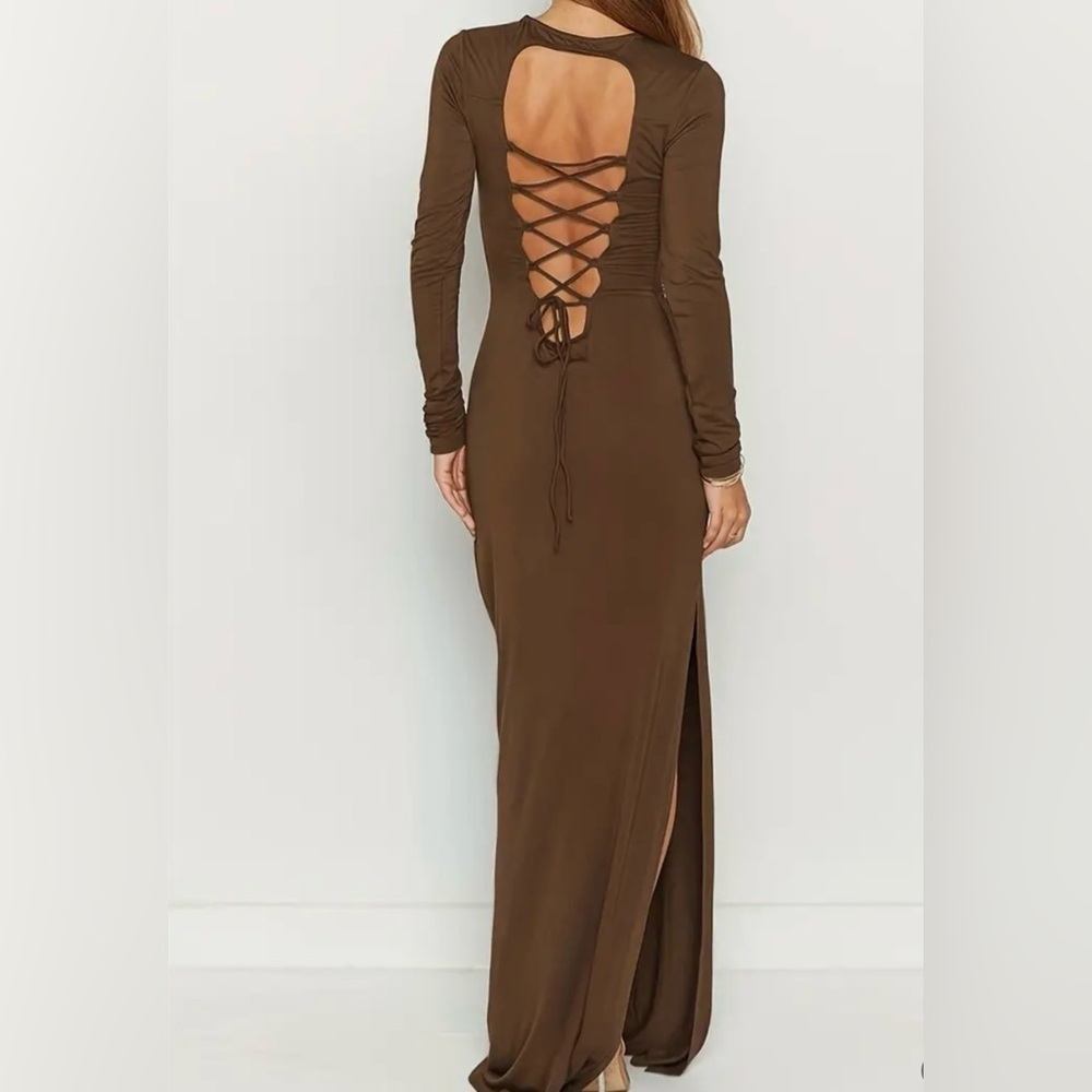 Brown Lace Up Back High Side Slit Maxi Dress - Picture 3 of 6